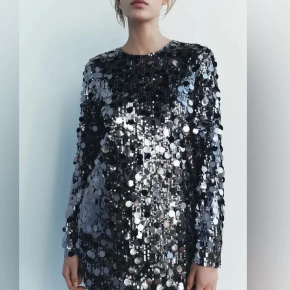 Zara Silver Sequin Long Sleeve Dress - Picture 3 of 10